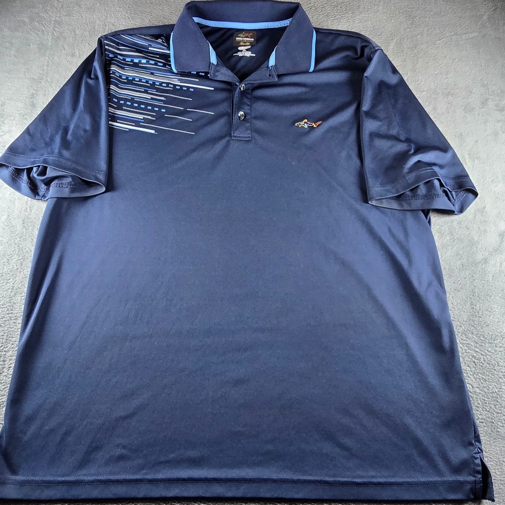 Greg Norman Tasso Elba Mens XL Navy Blue Play Dry Golf Polo Shirt Graphic Shark
